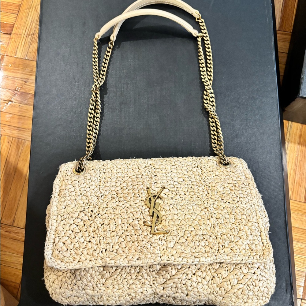 Women’s Saint Laurent Jamie Medium YSL crochet Raffia shoulder bag.